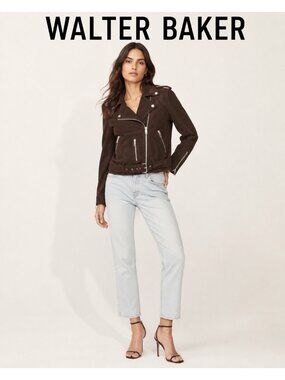 Walter Baker Women’s S Brown Lamb Suede Leather Moto Biker Jacket Belted